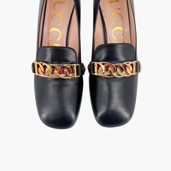 Gucci Sylvie Black Leather Chain Web Stripe Block Heel Pumps Shoes Size 37 US 7 - Picture 4 of 15
